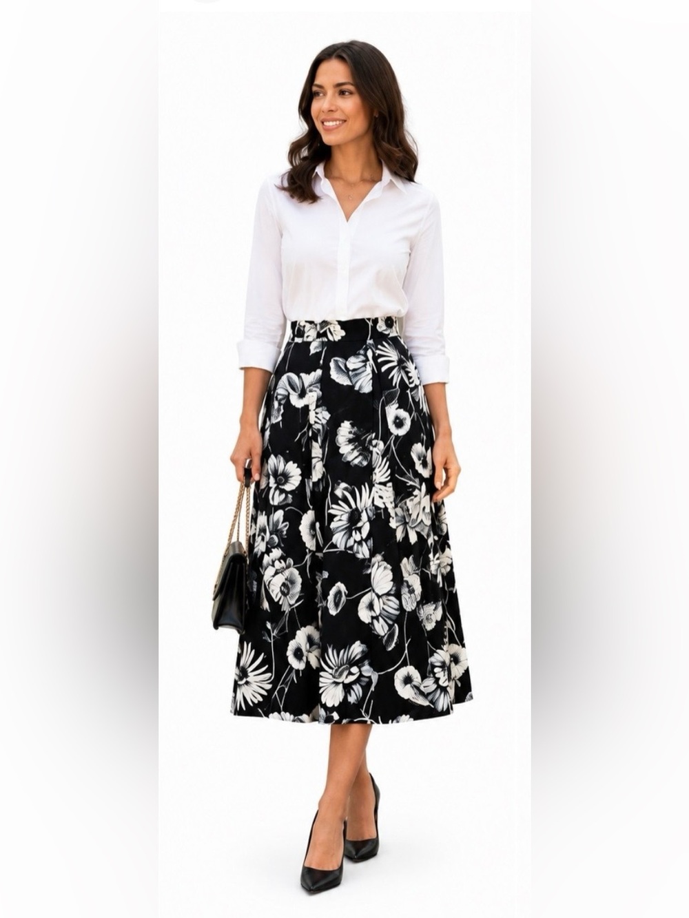 Zara Black & White Floral Midi Skirt | High Waist Flowy A-Line